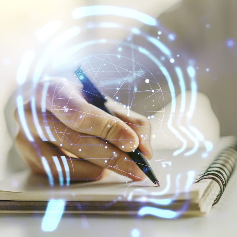 Creative artificial Intelligence concept with human head sketch and man hand writing in diary on background. Double exposure